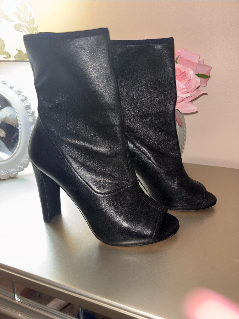 Stuart Weitzman Black Leather Peep-Toe Ankle Boots